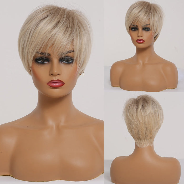 GEMMA 23 Short Straight Mixed Brown Blonde Synthetic Wigs with Bangs for Women Daily Party Bob Hair Wig High Tempearture Fiber