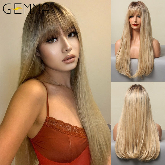 GEMMA 9 Cosplay Synthetic Wigs Long Straight Wine Red Wig with Bangs for Women Lolita Christmas Halloween Party Heat Resistant
