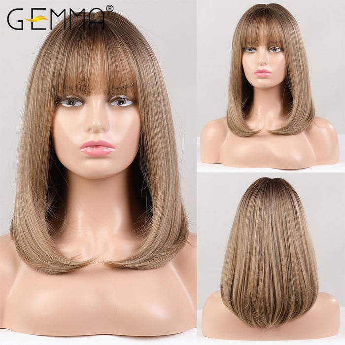 GEMMA 20  Natural Black Medium Straight Bob Synthetic Wig Hair Cosplay Party Lolita Women Girls Wigs with Bangs Heat Resistant Fibre