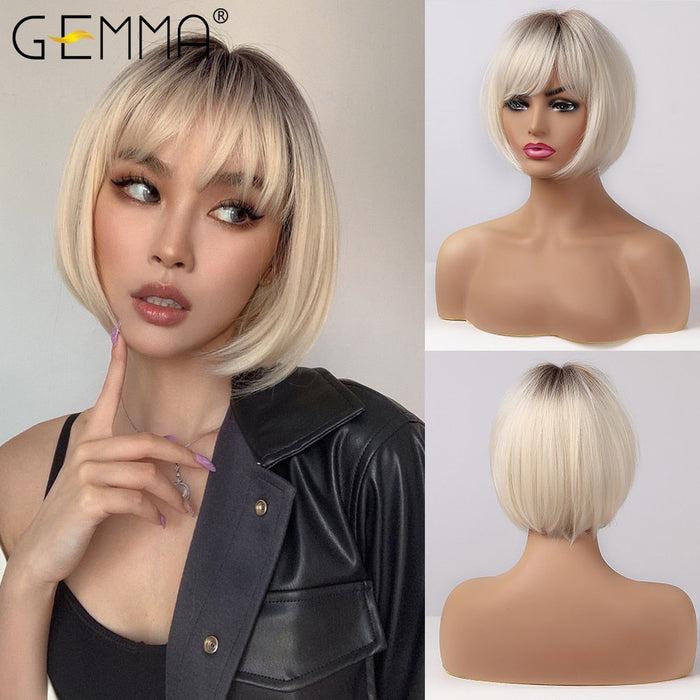 GEMMA 8 Bob Wig Short Straight Synthetic Wigs for Women Ombre Black Brown Blonde White Hair Pixie Cut Wig Cosplay Party Daily Hair