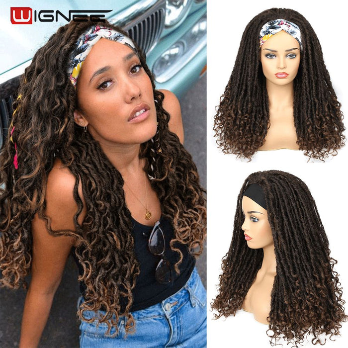 Wignee Long Ombre Brown Synthetic Wigs Headband Faux locs Dreadlock Dreads Braiding Crochet Twist Fiber American Women Hair Wigs