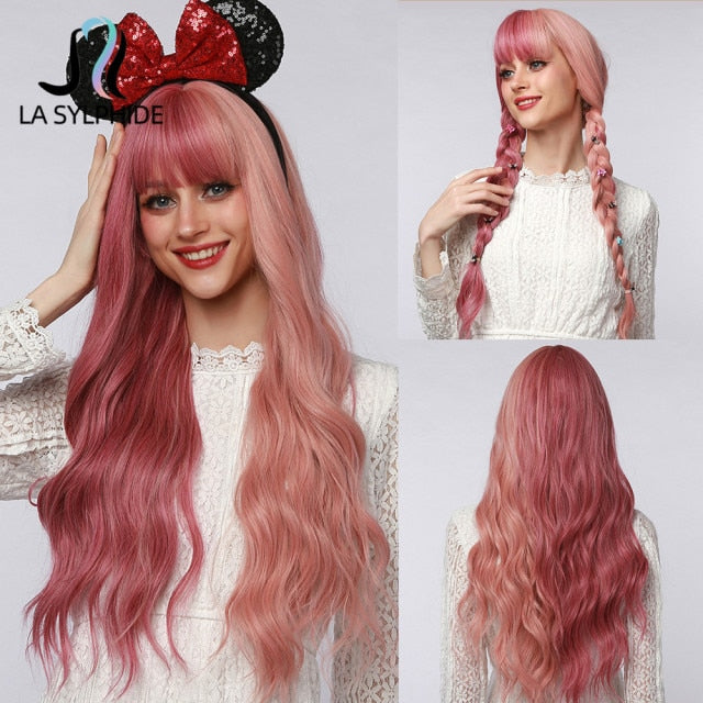 La Sylphide Halloween Cosplay Wig Long Wave Root Black Ombre Pink Synthetic Hair Wigs for Woman Heat Resistant Fiber Wig