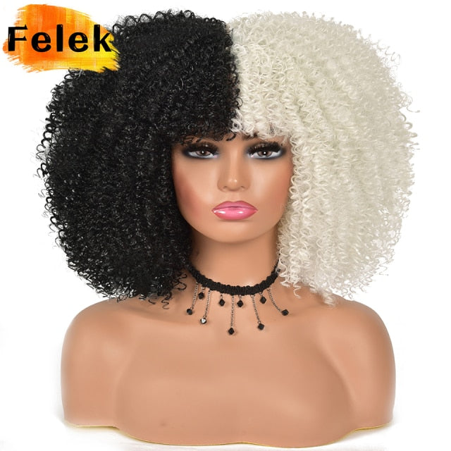 Short Hair Afro Kinky Curly Wigs With Bangs For Black Women Natural Synthetic Ombre Glueless Blonde Pink Red Cosplay Bob Wigs
