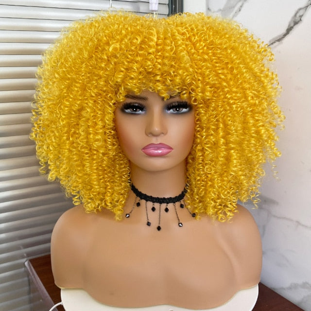 Short Hair Afro Kinky Curly Wigs With Bangs For Black Women Natural Synthetic Ombre Glueless Blonde Pink Red Cosplay Bob Wigs