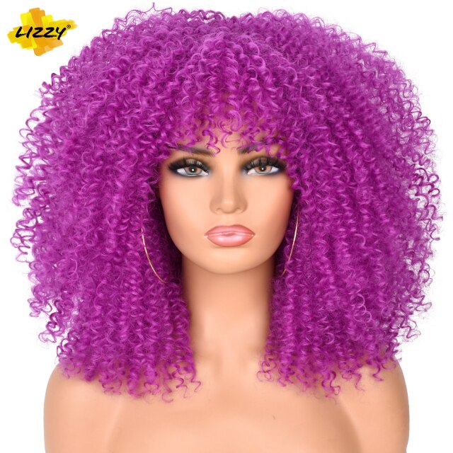 Lizzy 16" Short Hair Afro Kinky Curly Wigs With Bangs For Black Women African Synthetic Fluffy Ombre Blonde Brown Glueless Wigs
