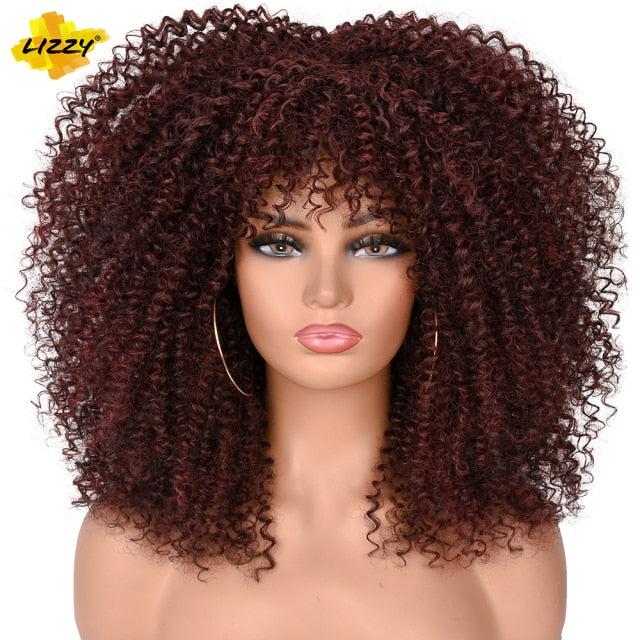 Lizzy 16" Short Hair Afro Kinky Curly Wigs With Bangs For Black Women African Synthetic Fluffy Ombre Blonde Brown Glueless Wigs