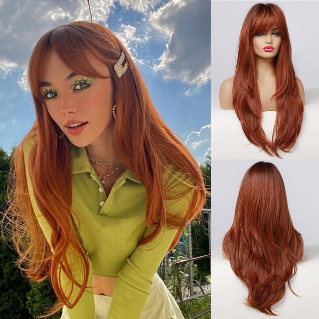 GEMMA 6 - Perruque longue brune avec frange rideau en cheveux synthétiques