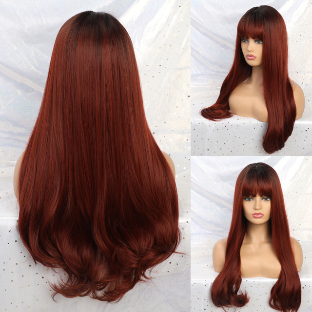 GEMMA 6 - Perruque longue brune avec frange rideau en cheveux synthétiques